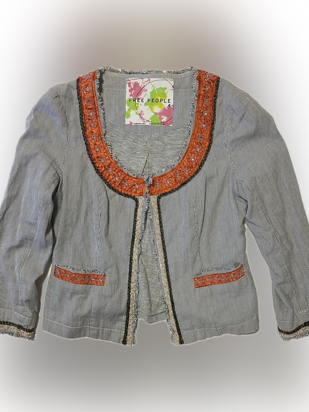 Free People My Fair Lady Pinstripe cropped Embroidered Trim Open-front blazer